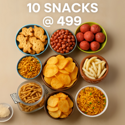 COMBO 3 (Bombay Mixture,  Andhra Murukku,  WhiteThenkuzhal Murukku,  Diamond Cuts,  Kara Boondhi,  Kurkure Masala,  Oola Pakoda,  Pori Urundai,  Coconut Burfi,  Cashew Biscuit)