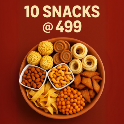COMBO 2 (Karapoondu Mixture,  Mixed Mixture,  Butter Sev,  Milagu Sev, Kizhangu Chips, Spicy Potato Chips, Roasted Peanuts , Fried MoongDal, KidsToy Biscuit, Thean Mittai)